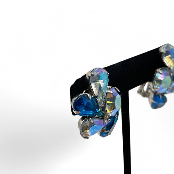 Vintage Blue and AB Rhinestone Clip-On Earrings Large Stones Prong Set Silver - Picture 3 of 10